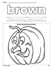 Free Halloween pumpkin color brown coloring page and color worksheet, brown worksheet for preschoolers to learn colors, printable PDF