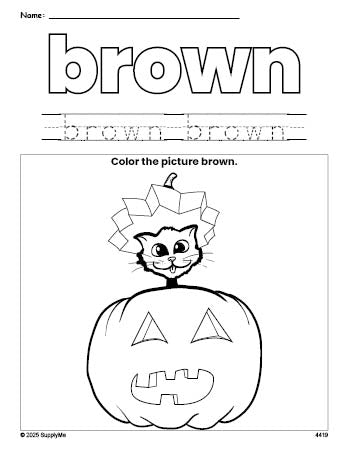 Free Halloween pumpkin color brown coloring page and color worksheet, brown worksheet for preschoolers to learn colors, printable PDF