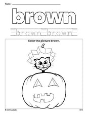 Free Halloween pumpkin color brown coloring page and color worksheet, brown worksheet for preschoolers to learn colors, printable PDF