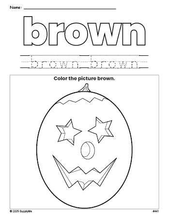 Free Halloween pumpkin color brown coloring page and color worksheet, brown worksheet for preschoolers to learn colors, printable PDF