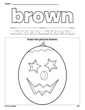 Free Halloween pumpkin color brown coloring page and color worksheet, brown worksheet for preschoolers to learn colors, printable PDF