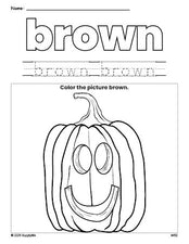 Free Halloween pumpkin color brown coloring page and color worksheet, brown worksheet for preschoolers to learn colors, printable PDF