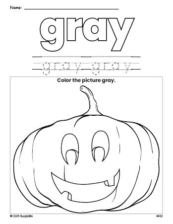 Free Halloween pumpkin color gray coloring page and color worksheet, gray worksheet for preschoolers to learn colors, printable PDF