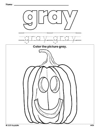 Free Halloween pumpkin color gray coloring page and color worksheet, gray worksheet for preschoolers to learn colors, printable PDF