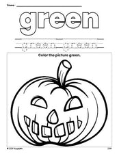 Free Halloween pumpkin color green coloring page and color worksheet, green worksheet for preschoolers to learn colors, printable PDF