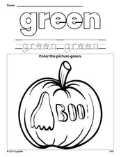 Free Halloween pumpkin color green coloring page and color worksheet, green worksheet for preschoolers to learn colors, printable PDF