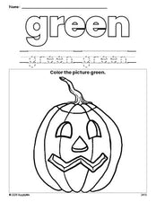 Free Halloween pumpkin color green coloring page and color worksheet, green worksheet for preschoolers to learn colors, printable PDF