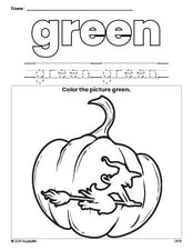 Free Halloween pumpkin color green coloring page and color worksheet, green worksheet for preschoolers to learn colors, printable PDF