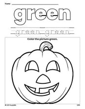 Free Halloween pumpkin color green coloring page and color worksheet, green worksheet for preschoolers to learn colors, printable PDF