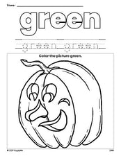 Free Halloween pumpkin color green coloring page and color worksheet, green worksheet for preschoolers to learn colors, printable PDF