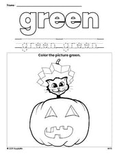 Free Halloween pumpkin color green coloring page and color worksheet, green worksheet for preschoolers to learn colors, printable PDF