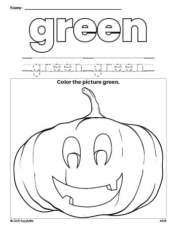 Free Halloween pumpkin color green coloring page and color worksheet, green worksheet for preschoolers to learn colors, printable PDF