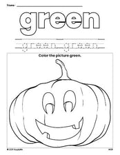 Free Halloween pumpkin color green coloring page and color worksheet, green worksheet for preschoolers to learn colors, printable PDF