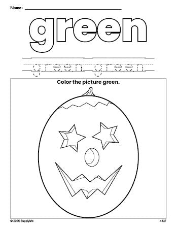 Free Halloween pumpkin color green coloring page and color worksheet, green worksheet for preschoolers to learn colors, printable PDF