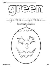 Free Halloween pumpkin color green coloring page and color worksheet, green worksheet for preschoolers to learn colors, printable PDF