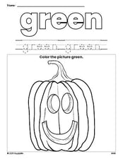 Free Halloween pumpkin color green coloring page and color worksheet, green worksheet for preschoolers to learn colors, printable PDF