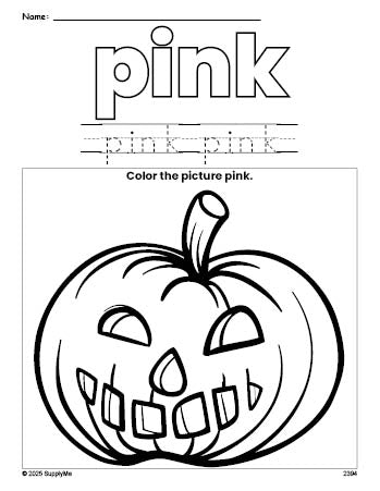 Free Halloween pumpkin color pink coloring page and color worksheet, pink worksheet for preschoolers to learn colors, printable PDF