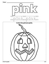 Free Halloween pumpkin color pink coloring page and color worksheet, pink worksheet for preschoolers to learn colors, printable PDF