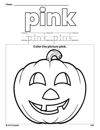 Free Halloween pumpkin color pink coloring page and color worksheet, pink worksheet for preschoolers to learn colors, printable PDF