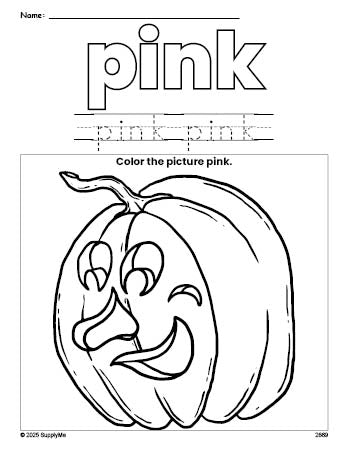 Free Halloween pumpkin color pink coloring page and color worksheet, pink worksheet for preschoolers to learn colors, printable PDF