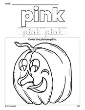 Free Halloween pumpkin color pink coloring page and color worksheet, pink worksheet for preschoolers to learn colors, printable PDF