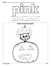 Free Halloween pumpkin color pink coloring page and color worksheet, pink worksheet for preschoolers to learn colors, printable PDF