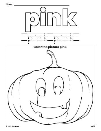 Free Halloween pumpkin color pink coloring page and color worksheet, pink worksheet for preschoolers to learn colors, printable PDF