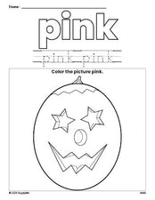 Free Halloween pumpkin color pink coloring page and color worksheet, pink worksheet for preschoolers to learn colors, printable PDF