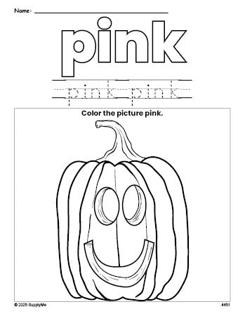 Free Halloween pumpkin color pink coloring page and color worksheet, pink worksheet for preschoolers to learn colors, printable PDF