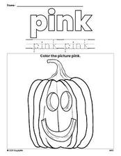 Free Halloween pumpkin color pink coloring page and color worksheet, pink worksheet for preschoolers to learn colors, printable PDF