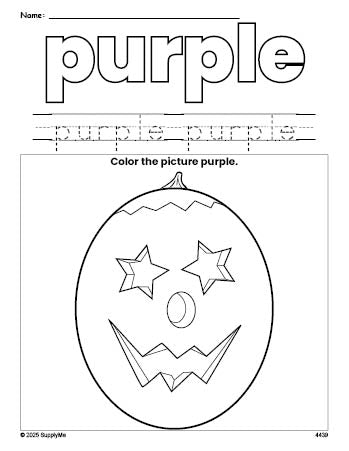 Free Halloween pumpkin color purple coloring page and color worksheet, purple worksheet for preschoolers to learn colors, printable PDF