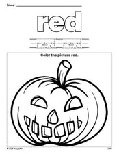 Free Halloween pumpkin color red coloring page and color worksheet, red worksheet for preschoolers to learn colors, printable PDF