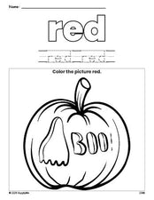 Free Halloween pumpkin color red coloring page and color worksheet, red worksheet for preschoolers to learn colors, printable PDF