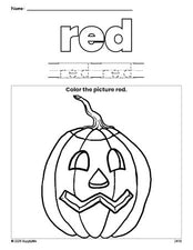 Free Halloween pumpkin color red coloring page and color worksheet, red worksheet for preschoolers to learn colors, printable PDF