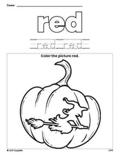 Free Halloween pumpkin color red coloring page and color worksheet, red worksheet for preschoolers to learn colors, printable PDF