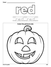 Free Halloween pumpkin color red coloring page and color worksheet, red worksheet for preschoolers to learn colors, printable PDF