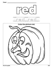 Free Halloween pumpkin color red coloring page and color worksheet, red worksheet for preschoolers to learn colors, printable PDF