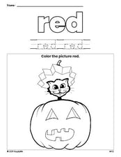 Free Halloween pumpkin color red coloring page and color worksheet, red worksheet for preschoolers to learn colors, printable PDF