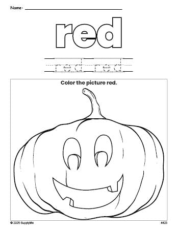 Free Halloween pumpkin color red coloring page and color worksheet, red worksheet for preschoolers to learn colors, printable PDF