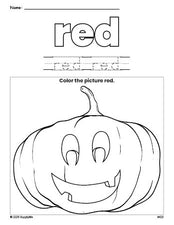 Free Halloween pumpkin color red coloring page and color worksheet, red worksheet for preschoolers to learn colors, printable PDF