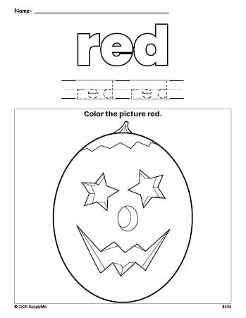 Free Halloween pumpkin color red coloring page and color worksheet, red worksheet for preschoolers to learn colors, printable PDF