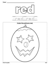 Free Halloween pumpkin color red coloring page and color worksheet, red worksheet for preschoolers to learn colors, printable PDF