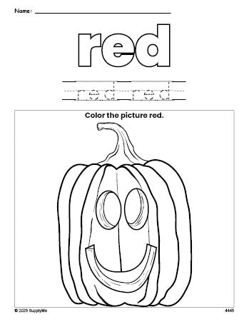 Free Halloween pumpkin color red coloring page and color worksheet, red worksheet for preschoolers to learn colors, printable PDF