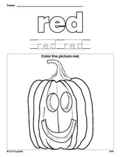 Free Halloween pumpkin color red coloring page and color worksheet, red worksheet for preschoolers to learn colors, printable PDF