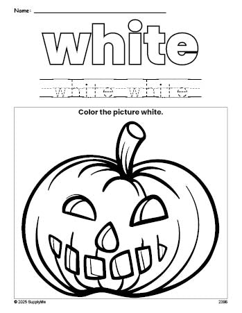 Free Halloween pumpkin color white coloring page and color worksheet, white worksheet for preschoolers to learn colors, printable PDF