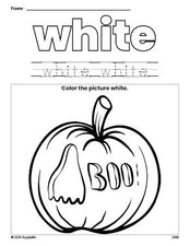 Free Halloween pumpkin color white coloring page and color worksheet, white worksheet for preschoolers to learn colors, printable PDF