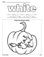 Free Halloween pumpkin color white coloring page and color worksheet, white worksheet for preschoolers to learn colors, printable PDF