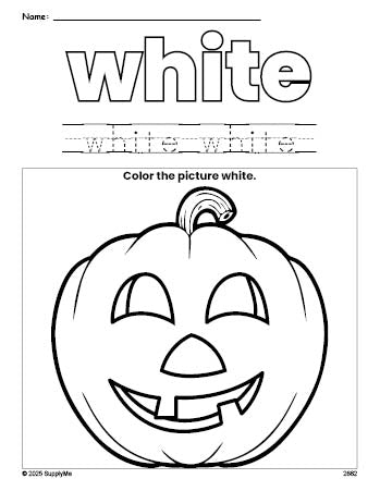 Free Halloween pumpkin color white coloring page and color worksheet, white worksheet for preschoolers to learn colors, printable PDF