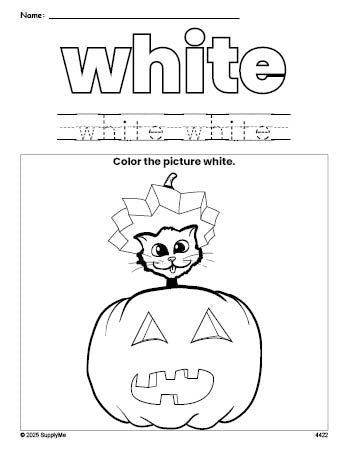 Free Halloween pumpkin color white coloring page and color worksheet, white worksheet for preschoolers to learn colors, printable PDF