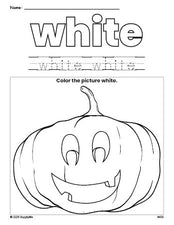 Free Halloween pumpkin color white coloring page and color worksheet, white worksheet for preschoolers to learn colors, printable PDF